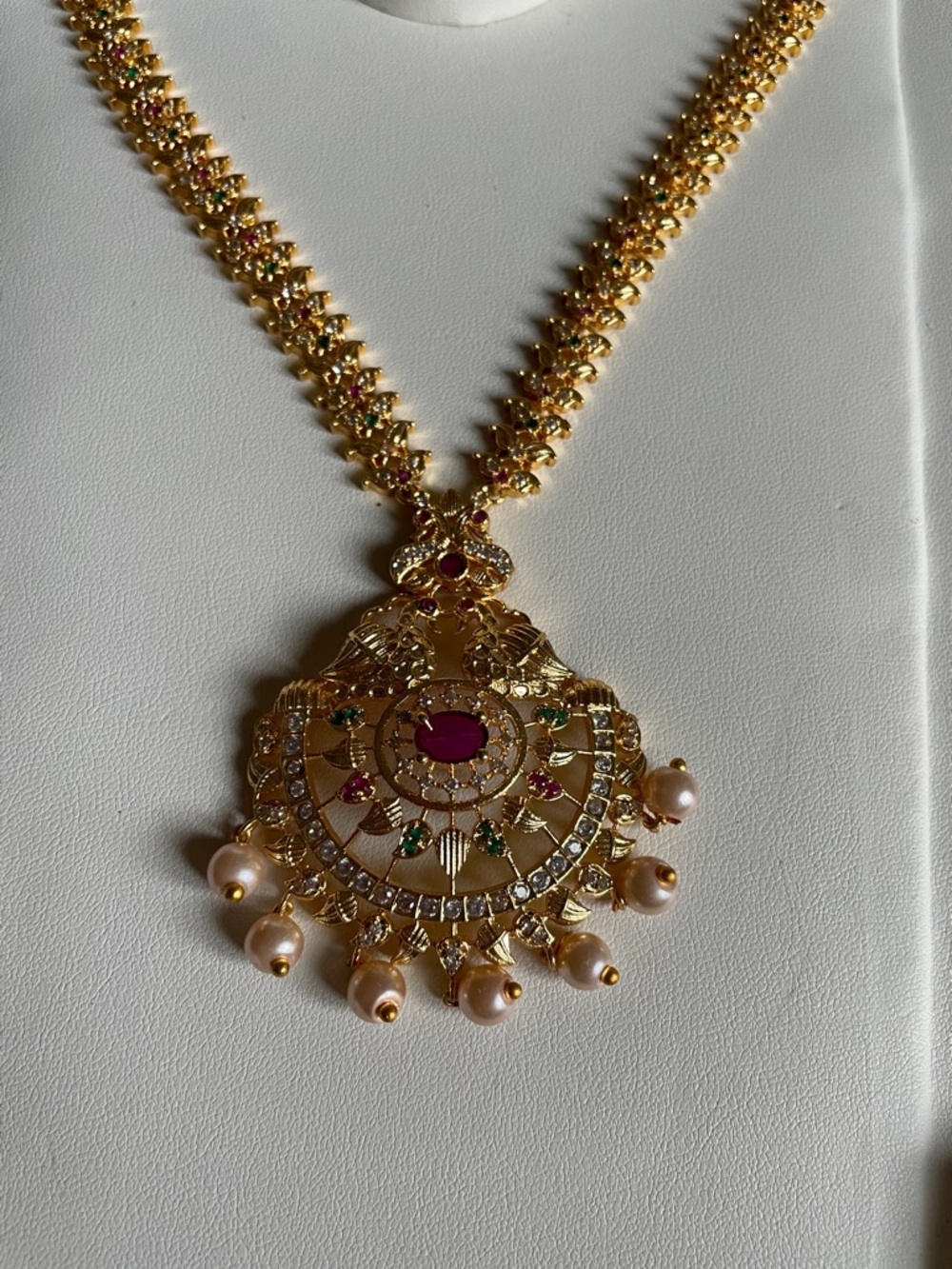 Gold-Tone Pink Stone Pendant Necklace - Women Jewelry - Picture 2 of 6
